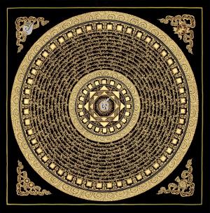 Genuine Hand Painted Mantra Mandala Thangka | Original Black And Gold Style Mandala | Wall Hanging Decor | Yoga & Meditation | Zen Wall Art